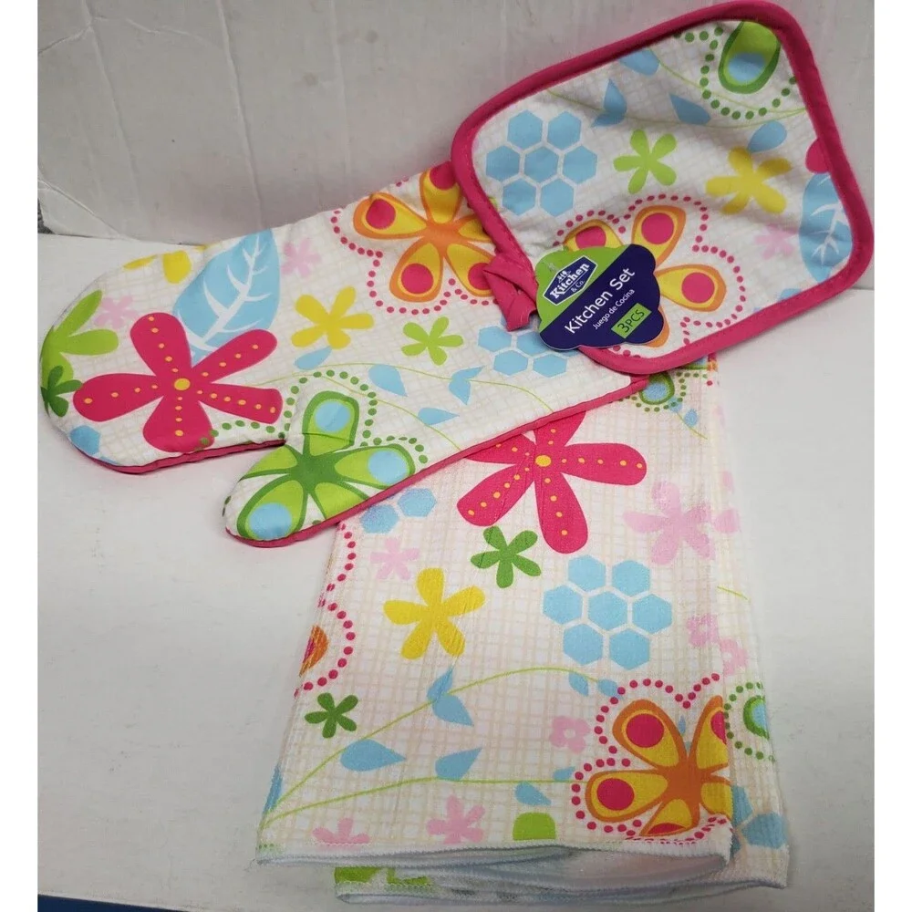 3pc Kitchen Set:1 Pot Holder,1 Oven Mitt,1 Microfiber Towel, Multicolor Flowers,